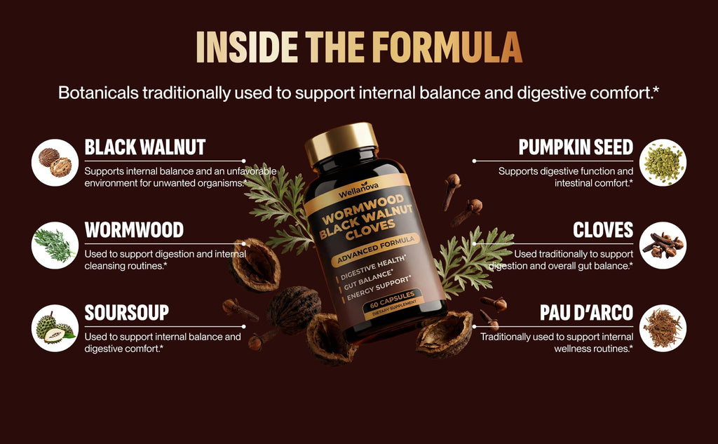 Wellanova Wormwood Black Walnut Clove Cleanse for Humans - Advanced Detox Formula for Adults - Gut Health Supplement with Wormwood Herb, Black Walnut Hull Extract & Clove - 60 Capsules