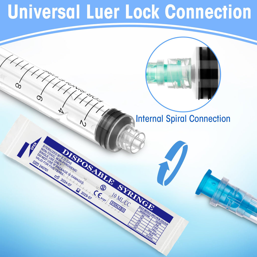50Pack 10ml/cc Luer Lock Syringe without Needle, Plastic Syringe with Caps for Liquid, Sterile Individually Wrapped