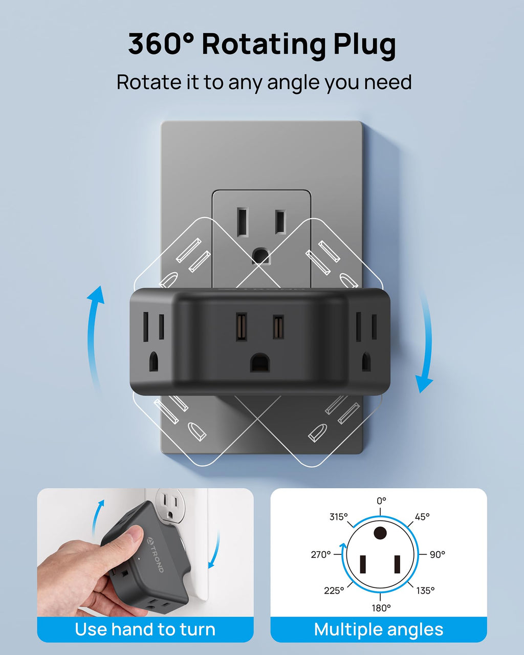 TROND 360 Rotating Plug Outlet Extender, Outlet Splitter with 3 Grounded Sockets, 3 Way Angled Multi Plug Adapter, Cruise Essentials, Small Multiple Expander for Bathroom Kitchen Travel, Black