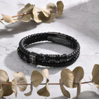 Christian Black Leather Bracelet for Men, Braided Leather Cross Adjustable