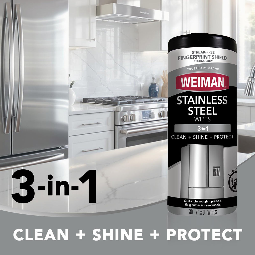 Weiman Stainless Steel Cleaner & Polish Kit, 1 Wipes & Cloth, Anti-Fingerprint, Removes Grease, Water Spots, Streaks & Residue, Polishing Cleaner Safe for Appliances, Chrome, Sinks & Grill Exteriors