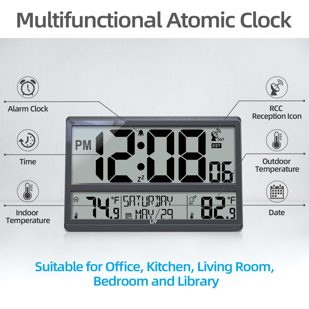 Atomic Clock/Never Needs Setting, Battery Operated, Atomic Wall Clock with Indoor Temperature & Humidity, Wireless Outdoor Sensor, Large Display Digital Calendar Clock for Elderly, Office, Bedroom