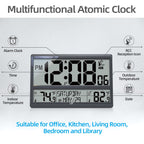 Atomic Clock/Never Needs Setting, Battery Operated, Atomic Wall Clock with Indoor Temperature & Humidity, Wireless Outdoor Sensor, Large Display Digital Calendar Clock for Elderly, Office, Bedroom