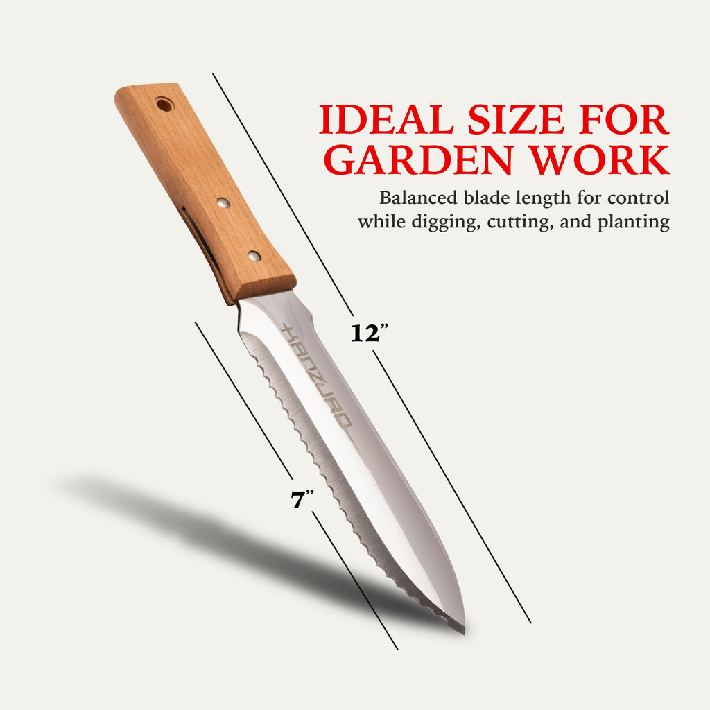 Kanzuro Hori Hori Garden Knife - Japanese Style Weeding & Digging Knife with Stainless Steel Blade, Depth Markings, Wooden Handle & Protective Sheath (Silver)