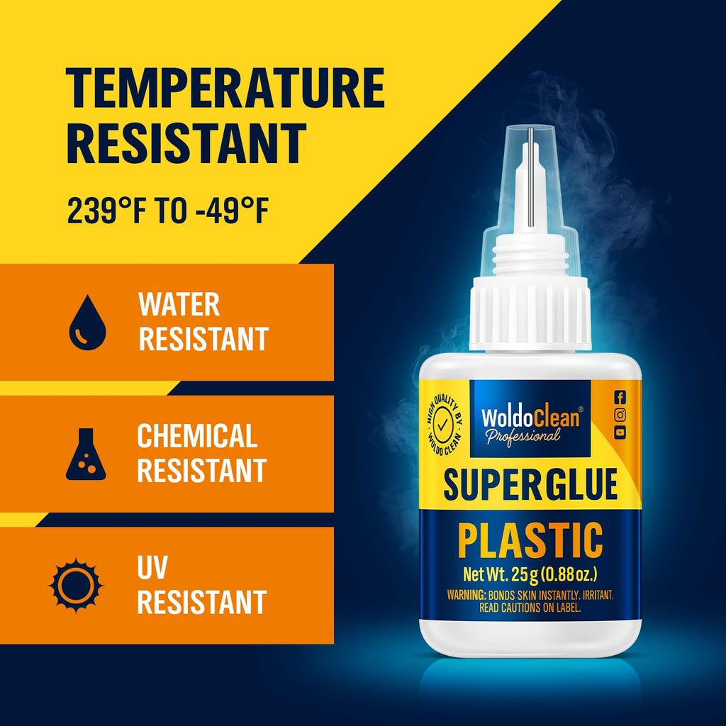 WoldoClean Super Glue for Plastic 25g for Instant Strength - Waterproof, Heat-Resistant, Clear Glue with Precise Nozzle