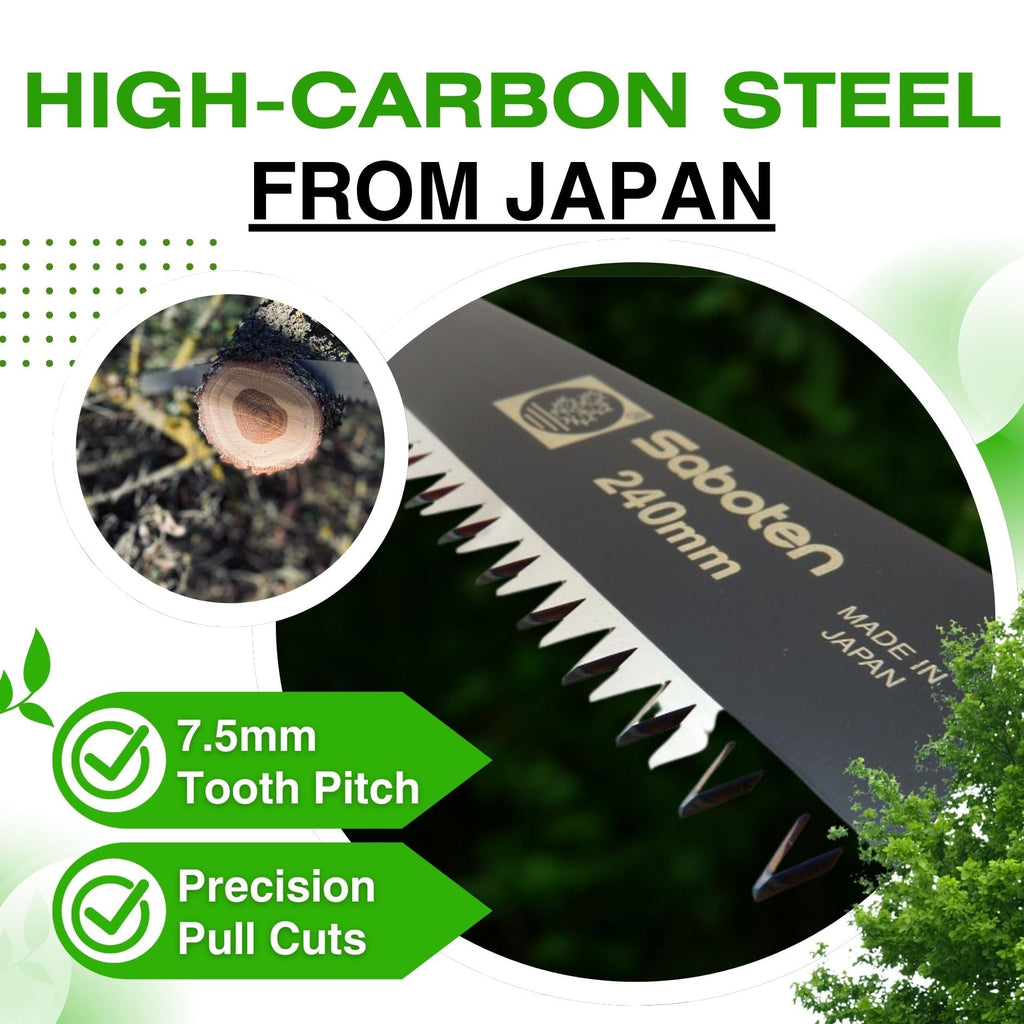Saboten Japanese Pruning Saw 9.4 in (240mm) – Fluorine-Coated High-Carbon Steel Blade, 7.5mm Tooth Pitch, Smooth Pull Cuts, Wooden Handle, Wood Sheath Included, Made in Japan