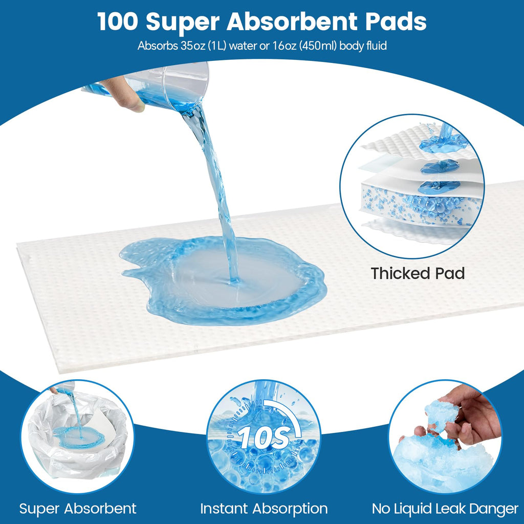 HOMLAND Commode Liners with Absorbent Pads, 100 Disposable Commode Bags and 100 Commode Pads, Leak-Proof Portable Toilet Bags Universal Fit for Potty Chair Bucket, Bedpan & Camping Toilet