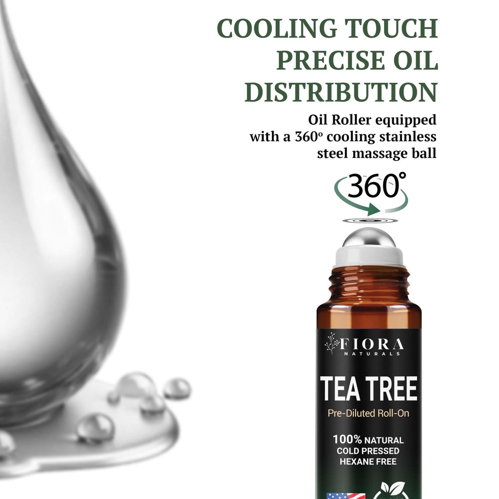 Fiora Naturals Tea Tree Oil Roll On - 100% Natural Tea Tree Essential Oil for Skin, Face, Acne, Nails, Cuticles, Scalp & Aromatherapy Wellness