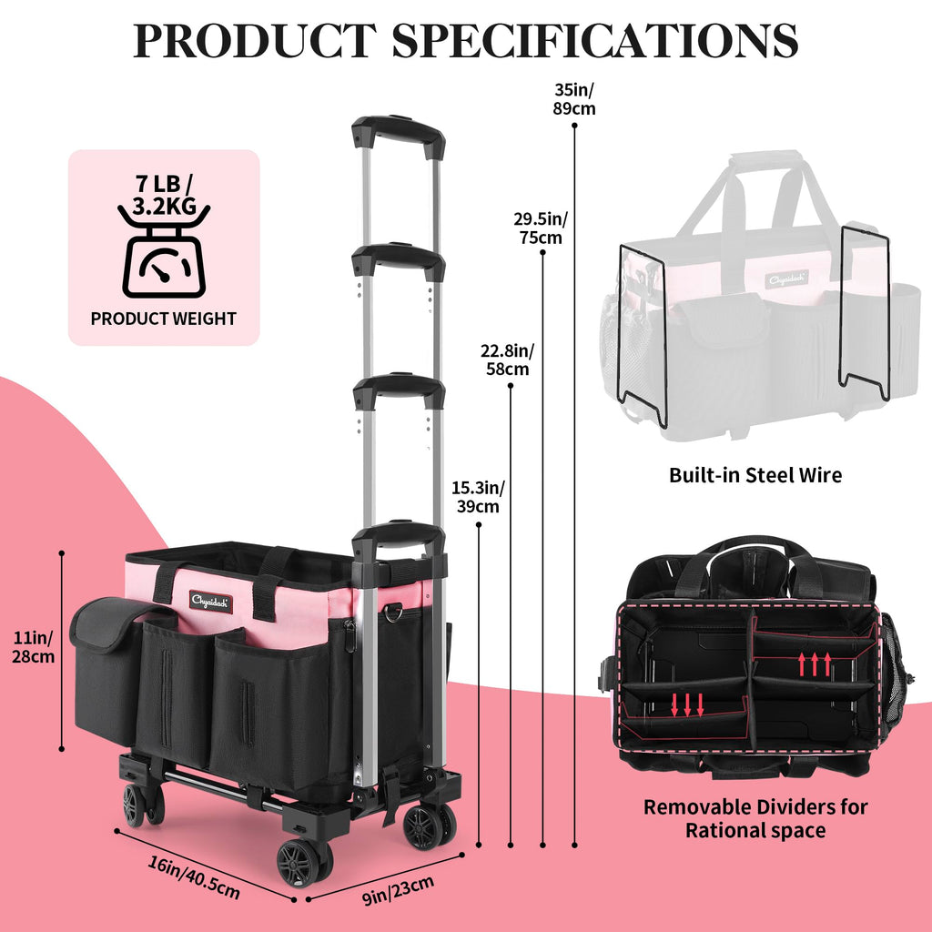 Chyaidach Rolling Cleaning Caddy, Cleaning Supplies Organizer with Trolley, Wearable Cleaning Tote Bag on Wheels with Hard Bottom, Cleaning Carts for Housekeepers/Home/Car/Office/Picnic (Pink)