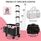 Chyaidach Rolling Cleaning Caddy, Cleaning Supplies Organizer with Trolley, Wearable Cleaning Tote Bag on Wheels with Hard Bottom, Cleaning Carts for Housekeepers/Home/Car/Office/Picnic (Pink)