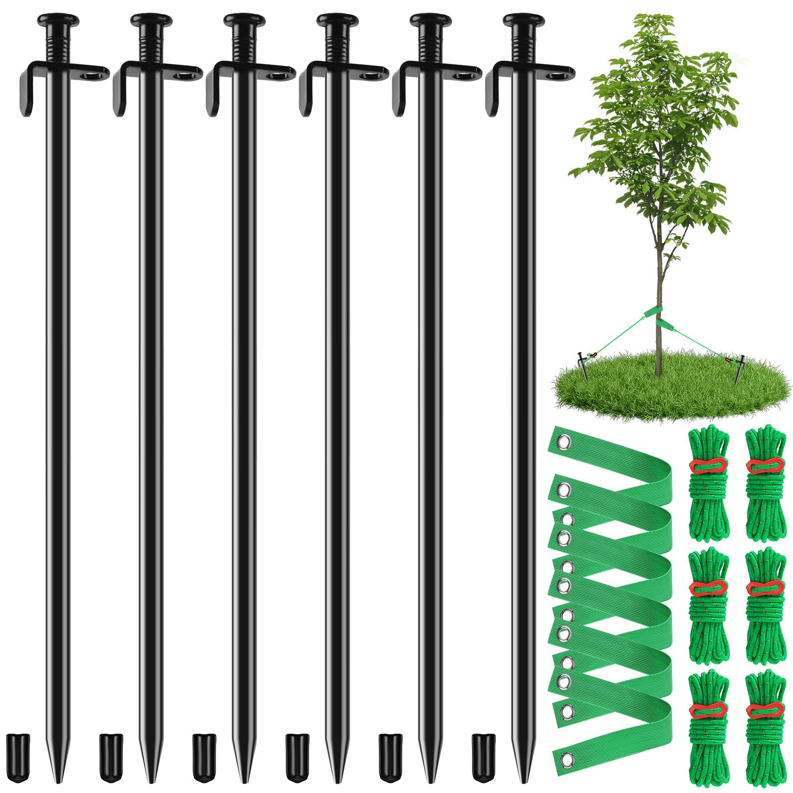Fabulas Tree Stakes Kits, 6 Pcs 11.8 Inch Heavy Duty Steel Stakes and Supports for Leaning Young Trees Straightening with 6 Pcs Support Straps and 13.2ft Anchor Ropes, Against Strong Wind Bad Weather