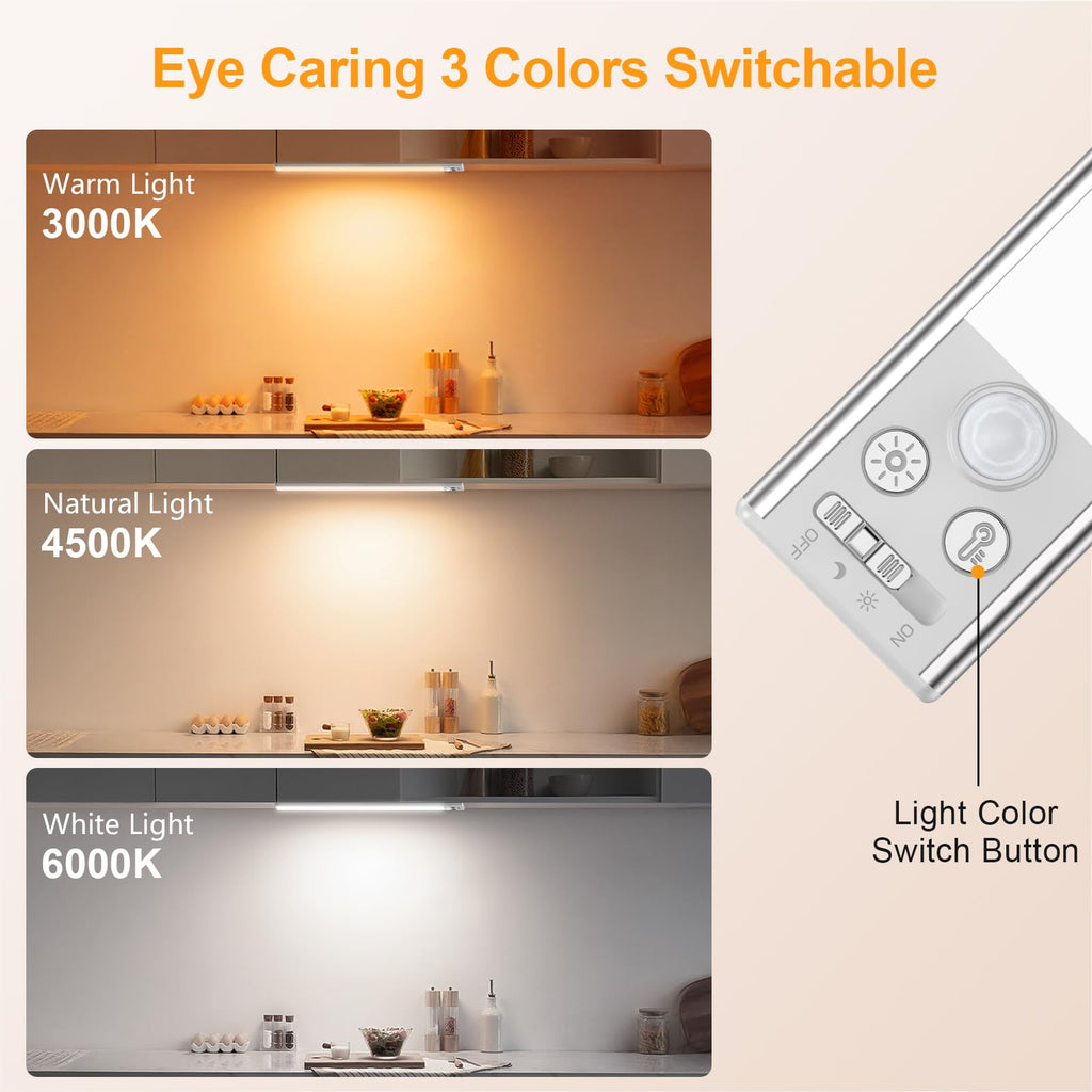 Gritin 14.7inch Under Cabinet Lighting Rechargeable 2 Pack- 3 Color Temps&5 Level Brightness, Super Bright, 4 Modes, Motion Sensor, Long Lasting - Easy Installation Magnetic Under Closet Lights-Silver
