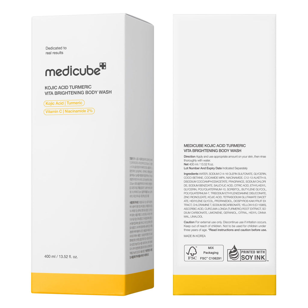 medicube Kojic Acid Turmeric Brightening Body Wash | Gentle Shower Gel for Uneven Skin | Niacinamide, Vitamin C, AHA/BHA | Deep Cleansing, Hydrating Formula | Easy and Effective, 13.52 fl.oz