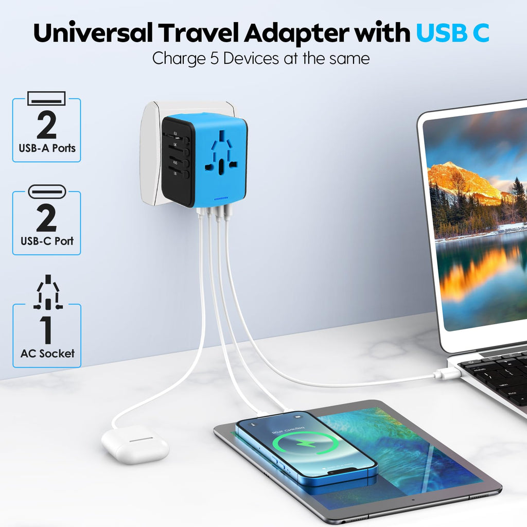 JMFONE Universal Travel Adapter, 2 USB-C & 2 USB-A Ports, 2500W AC Outlet