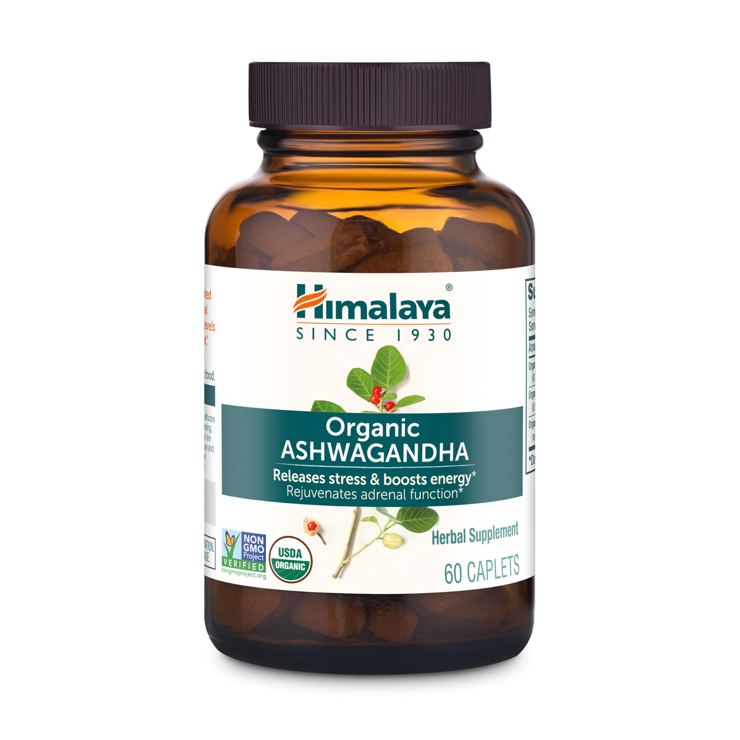 Himalaya Organic Ashwagandha Root, 60 Day Supply - Herbal Adrenal Support Supplements for Stress Relief and Energy Support - USDA Organic, Non-GMO, Vegan, Gluten Free, No Additives, 670 mg, 60 Caplets