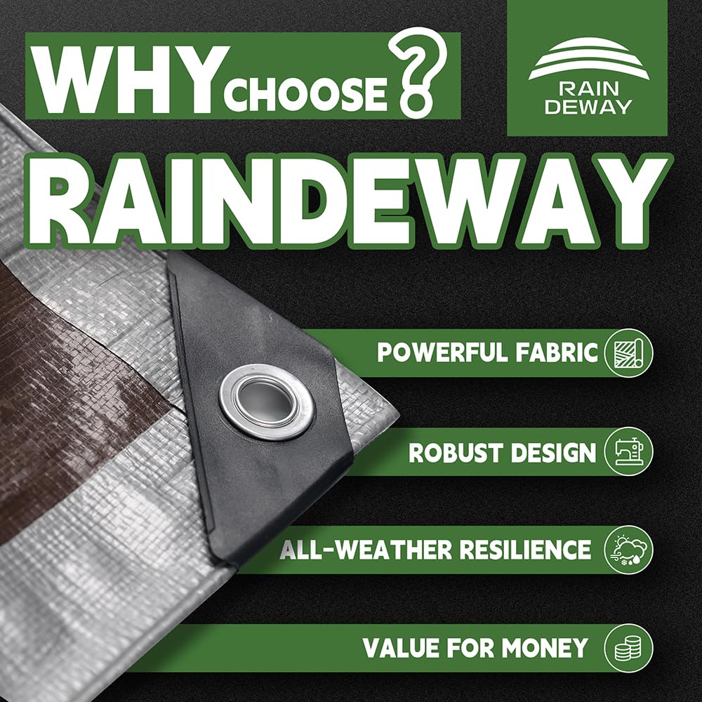 RAINDEWAY 8x10 Feet Tarps Heavy Duty Waterproof,10Mil Thick Multipurpose Poly Tarp Cover with Metal Grommets and Reinforced Edges,Silver/Brown Tarp