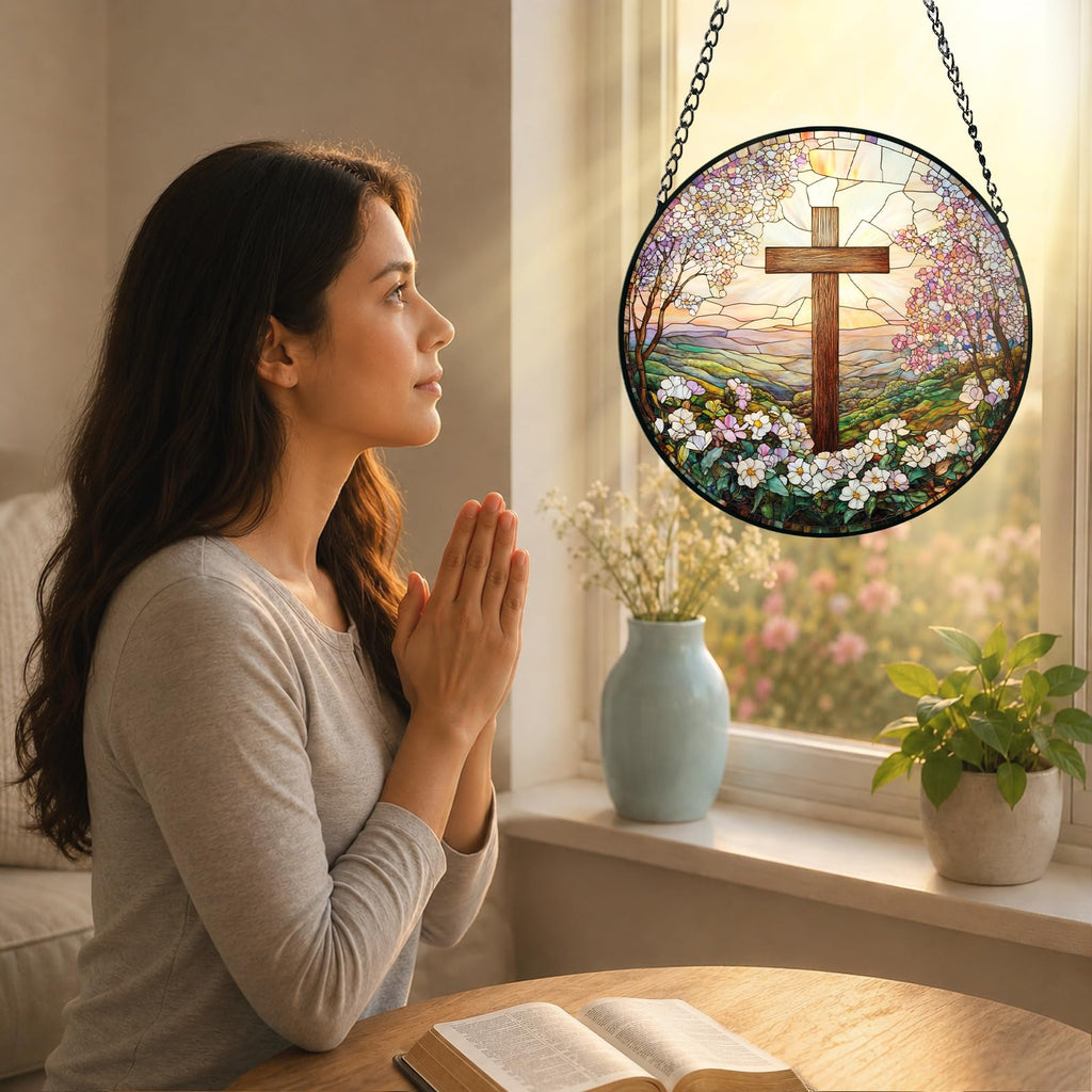 Cross and Wildflowers Stained Glass Sun Catcher Christian Window Hanging