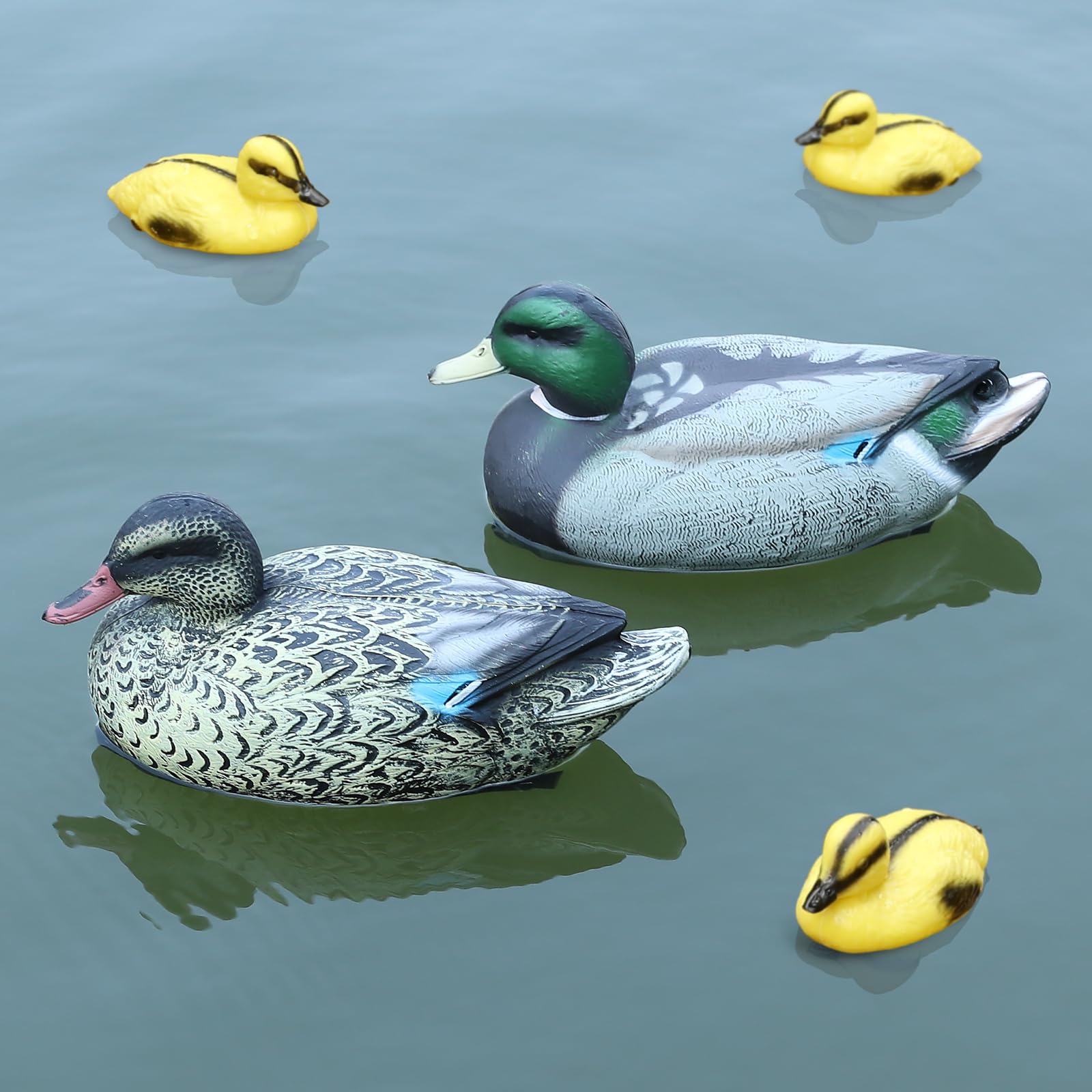 Cifavor 5 PCS Floating Mallard Duck Bait Set -2 Adult 3 Ducklings, Realistic Resin Floating Duck Bait Home Pack, Mallard Duck Bait Yard Pond Décor