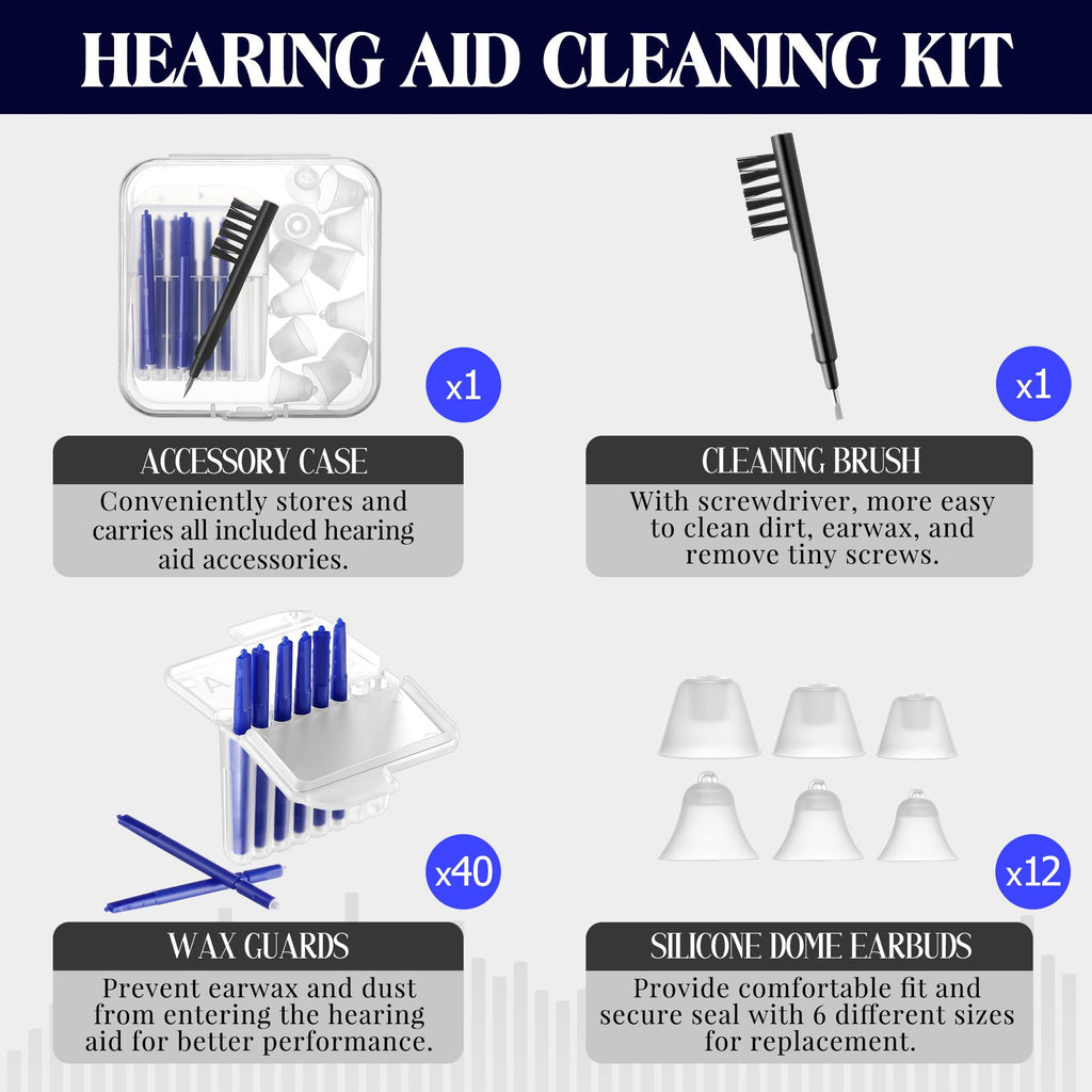 Wovnet Hearing Amplifier Cleaning Tools, Compatible with Audien Hearing Aid Kit Includes 6 Sizes Silicone Dome, Cleaning Brush with Screwdriver Wax Guards Filter and Carrying Case(11 Pcs)