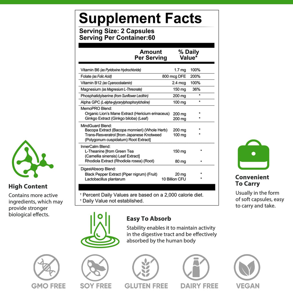 Nootropic Brain Supplement for Memory & Focus Support – Advanced Cognitive Formula for Mental Clarity & Mood Balance with Bacopa Monnieri, Lion's Mane, Alpha GPC & Omega-3 – 120 Capsules