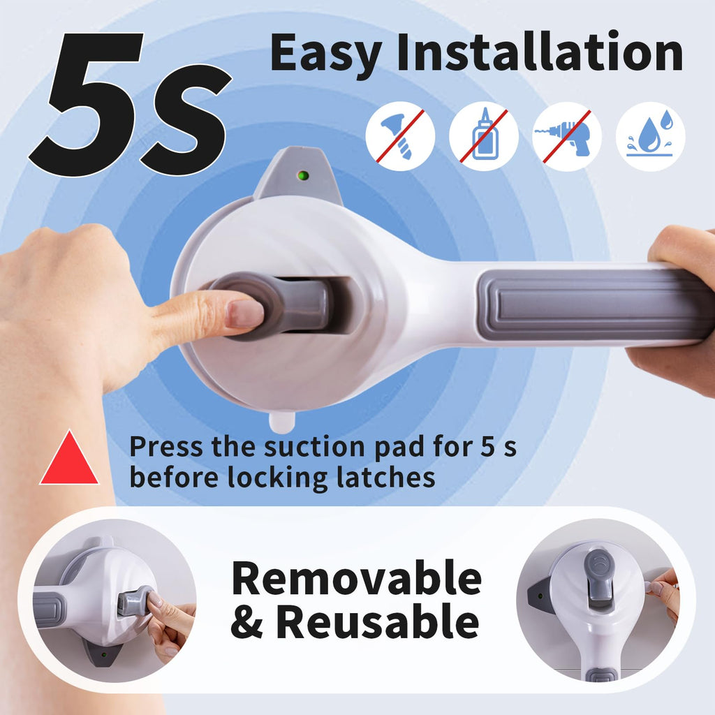 LEATALE Shower Grab Bars for Seniors 2 Pack,16.8" Suction Shower Handle with Safety Indicator, No-Drill Bathroom Safety Rails for Elderly, Bathtub & Tile/Glass (Gray)