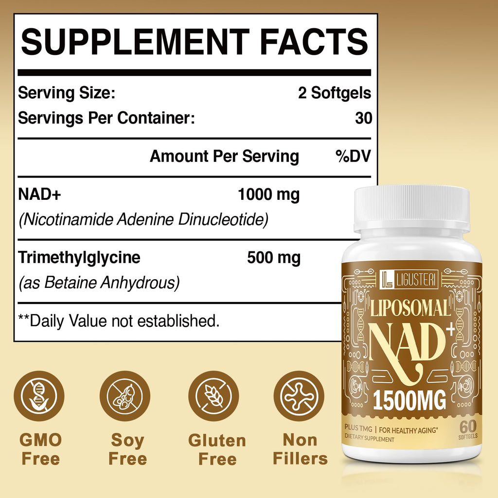 LIGUSTERI 1500 MG Liposomal NAD+, 98%+ Absorption, NAD+ Supplement for Women & Men with TMG, for Aging Defense, Cellular Energy, Heart & Brain Function, Longevity, 60 Softgels