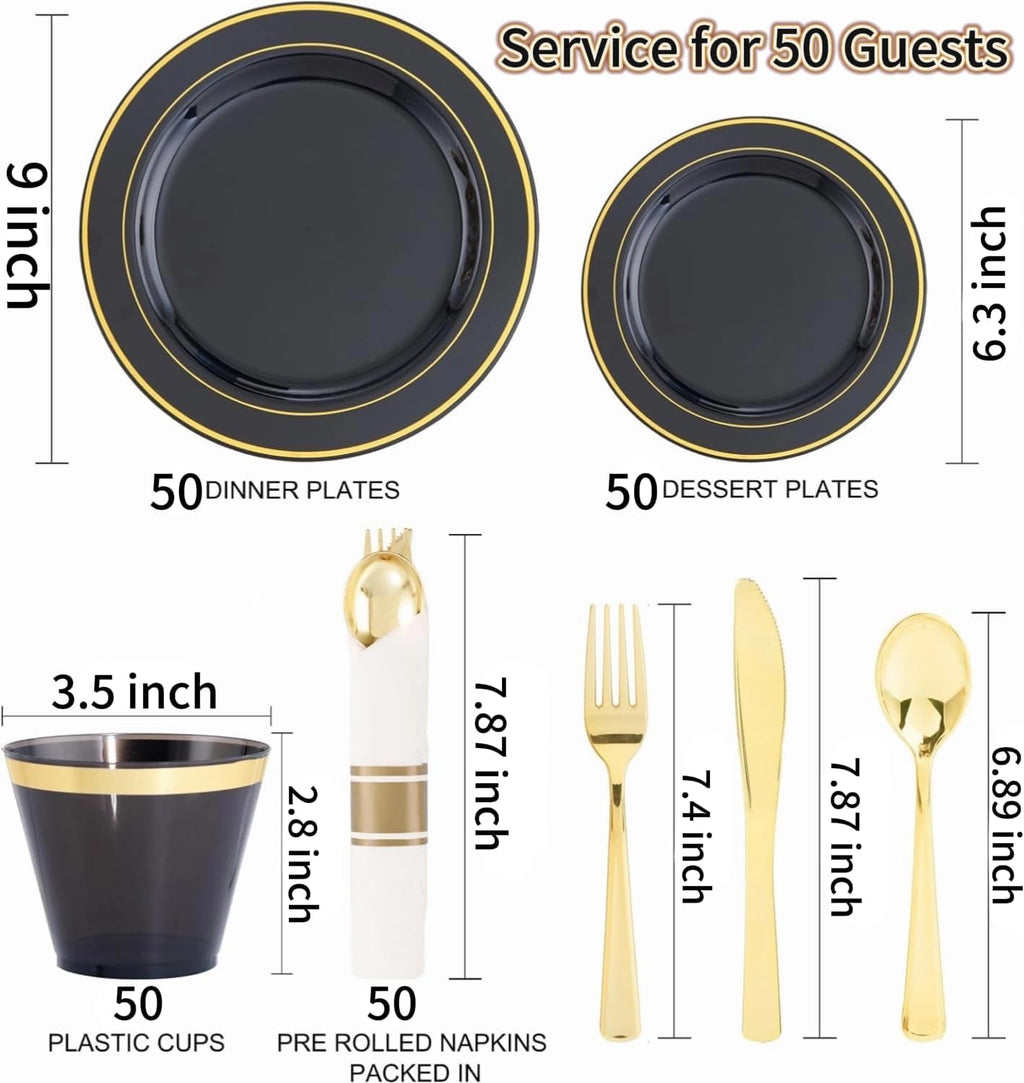 350 Pieces Black and Gold Plastic Plates with Disposable Silverware, Include 50 Dinner Plates 9”, 50 Dessert Plates 6.3”, 50 Black Cups 9 OZ, 50 Pre Rolled Napkins for Wedding/Party/Birthday/Halloween