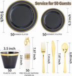 350 Pieces Black and Gold Plastic Plates with Disposable Silverware, Include 50 Dinner Plates 9”, 50 Dessert Plates 6.3”, 50 Black Cups 9 OZ, 50 Pre Rolled Napkins for Wedding/Party/Birthday/Halloween