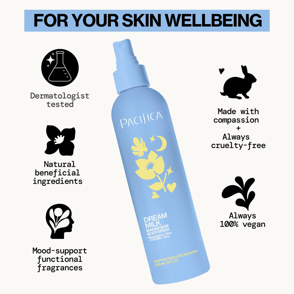 Pacifica Dream Milk Magnesium Spray for Sleep & Relaxation - Natural Magnesium Body Mist Infused with Lavender, Chamomile & Essential Oils, Vegan & Cruelty-Free, Clean Beauty, 4 fl oz