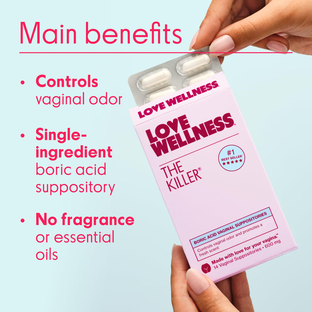 Love Wellness The Killer | Boric Acid Vaginal Suppositories | Balances pH & Supports Odor Control, a Healthy Vaginal Balance and Environment | Fast-Acting & Fragrance-Free | Gentle & Effective | 14 Ct