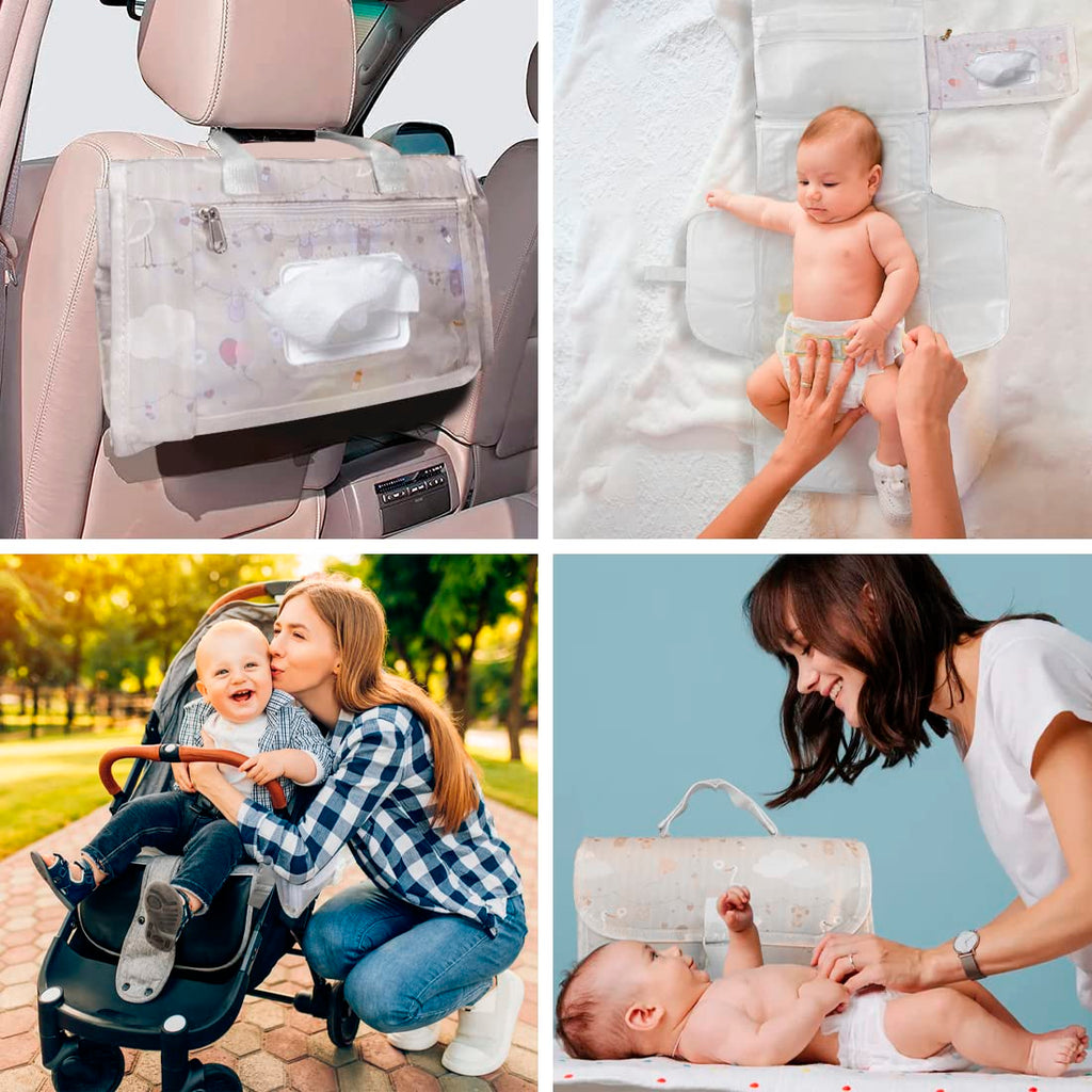TENDS Portable Baby Changing Mat XL-Foldable Waterproof Diaper Changing Mat with Detachable Bag and 6 Pockets as a Toiletry Bag for Baby Items