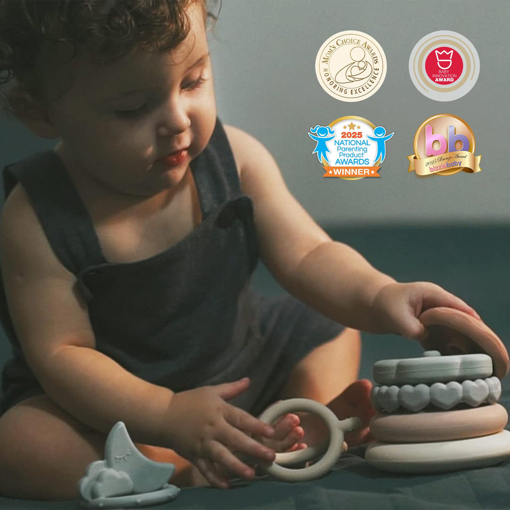 Moonkie Stacks of Circles Soft Teething Toy | Educational Learning Baby Toy | Stacking Ring Toys for Babies Boy and Girl | 7 Piece Teethers Set (Nature)