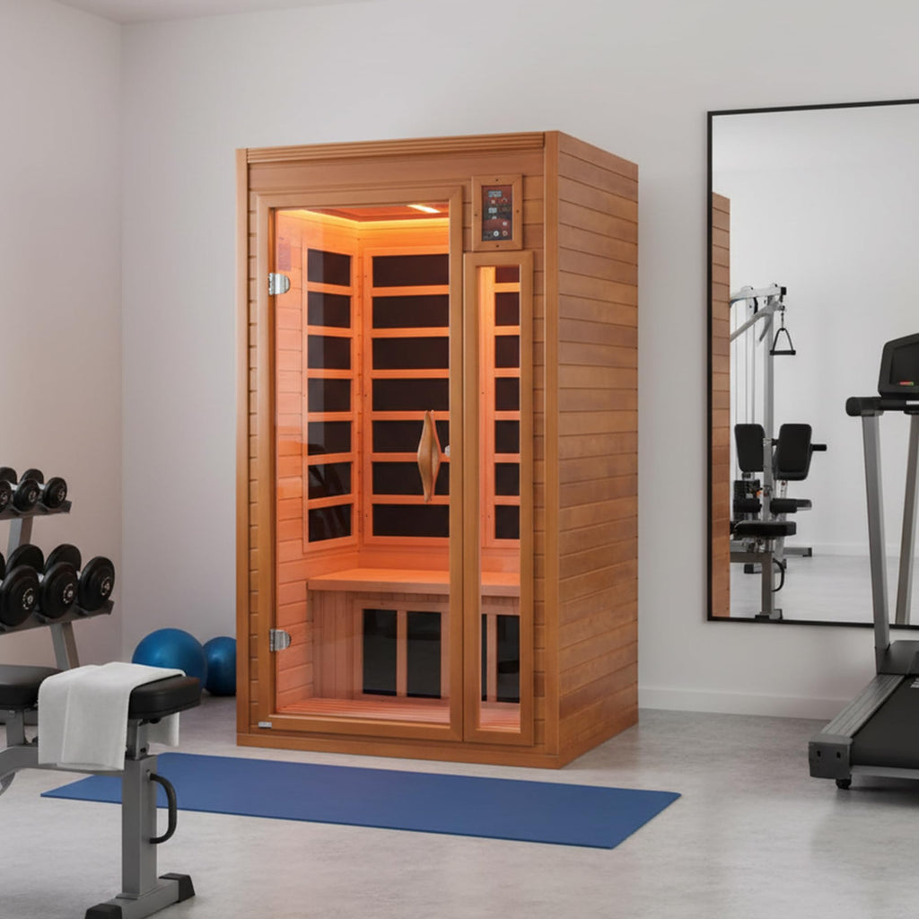 DYNAMIC SAUNAS Barcelona 1- to 2-Person Low EMF FAR Infrared Sauna with Red Light Therapy & Bluetooth Speakers | Personal Indoor Dry Heat Sauna for Home & Gym – Made from Canadian Hemlock