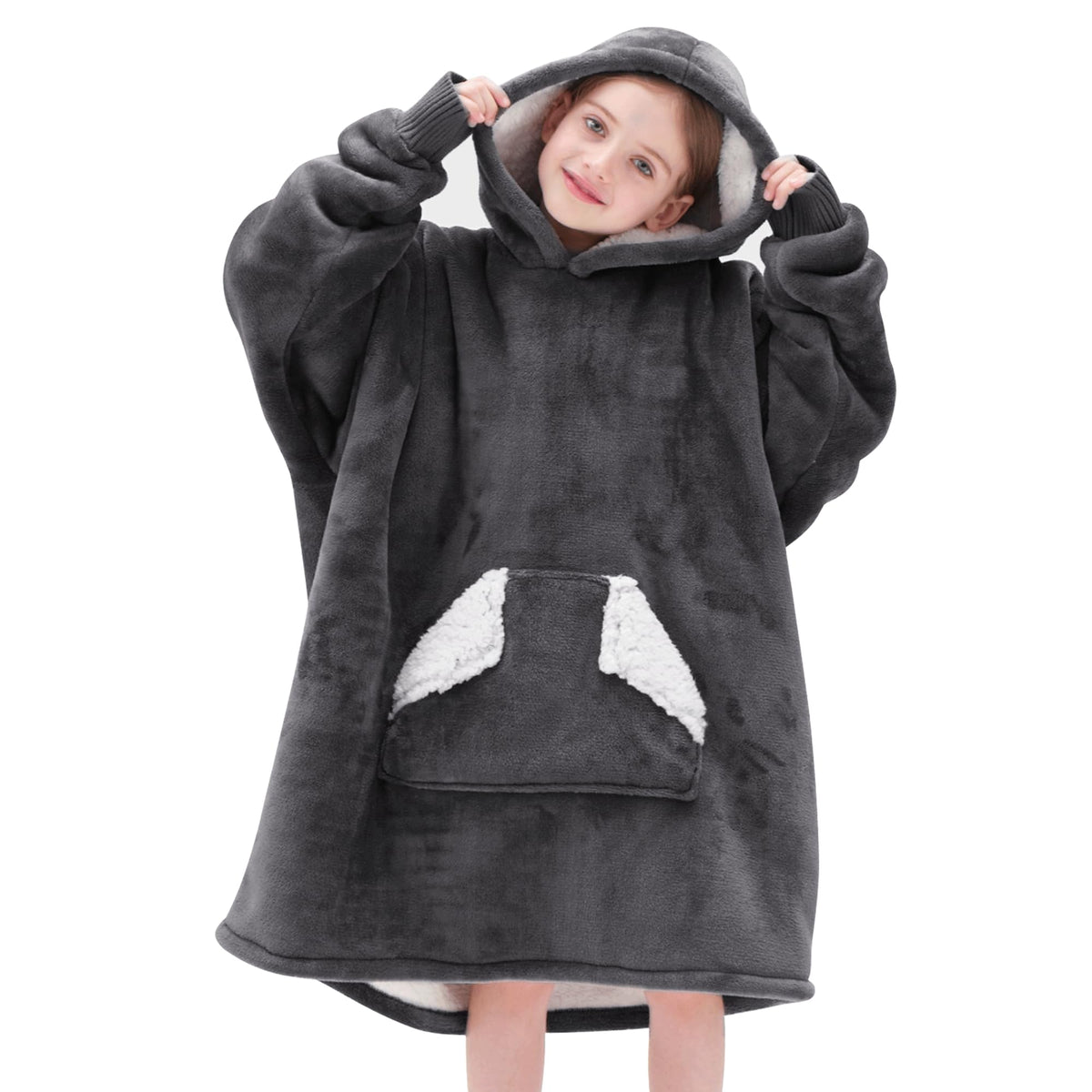 Touchat Wearable Blanket Hoodie for Kids & Teens 6-13 Year Old, Oversized Sherpa Fleece Sweatshirt with Pocket, Soft Cozy Hooded Blankets Christmas Birthday Gift for Boys and Girls, Grey