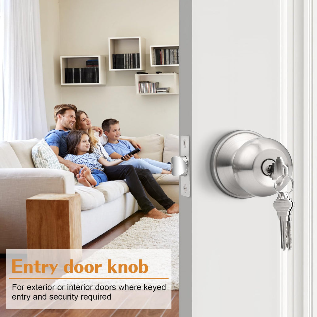 Probrico Brushed Nickel One Keyway Ball Door Knobs Entry Lock with Keys, 3 Pack Keyed Alike Door Locksets, Interior Exterior Keyed Hardware