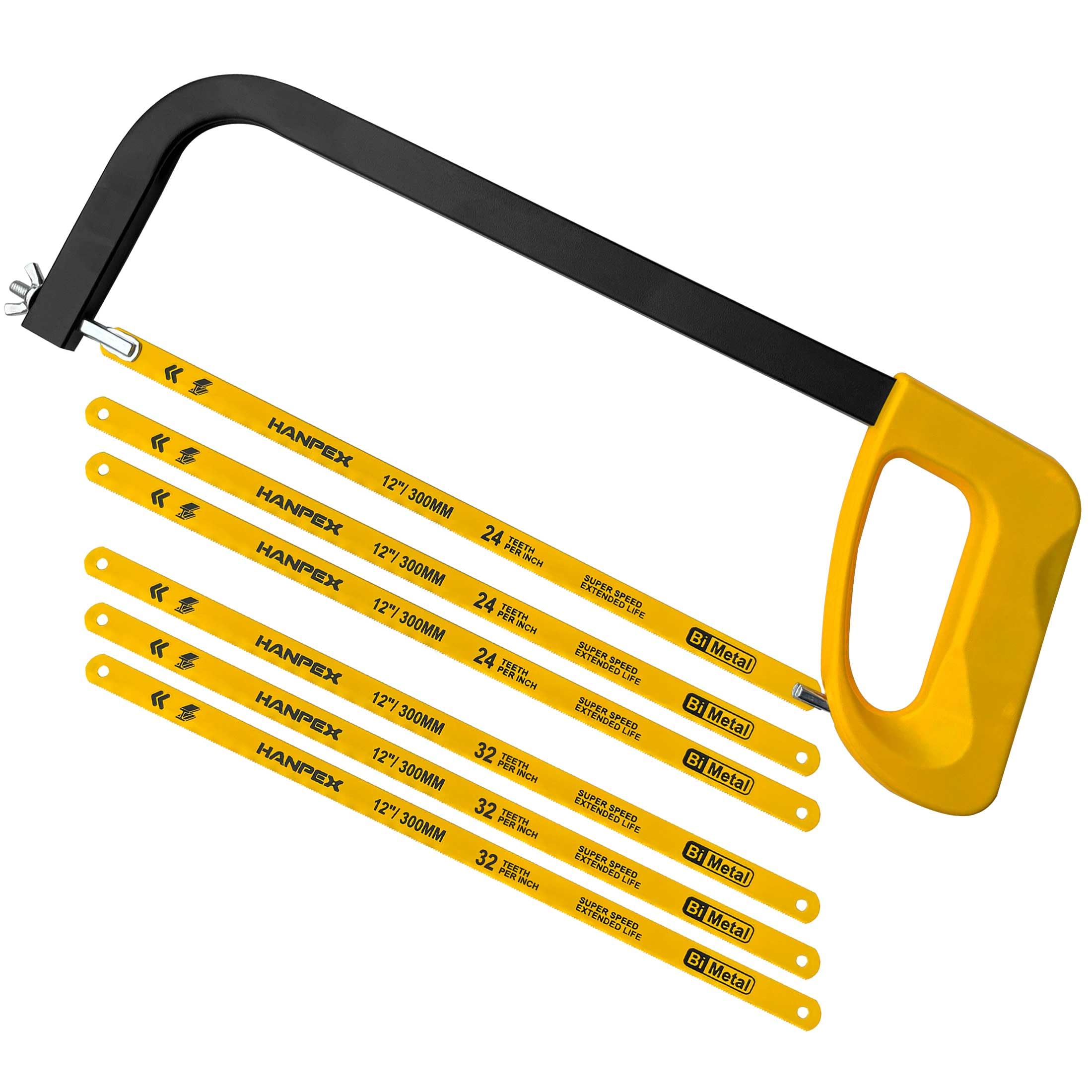 Hanpex 12in. High-Tension Hacksaw Frame with 5pcs Extra Bi-metal Blades, Hand Saw Suitable for Metal, wood, PVC, Carpentry