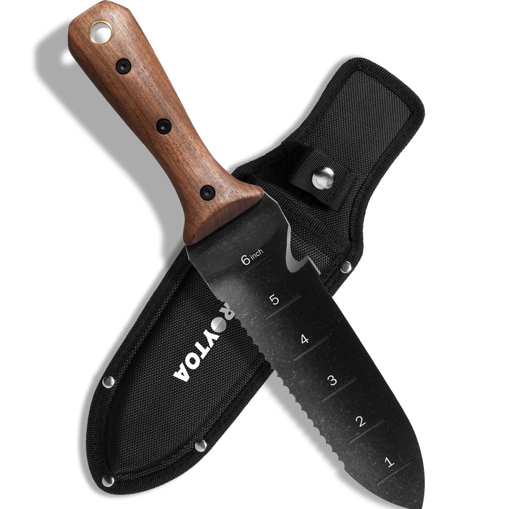 ROYTOA Hori Hori Garden Knife, Garden Tools with Sheath for Weeding,Planting,Digging, 7" Stainless Steel Blade with Cutting Edge, Full-Tang Walnut Wood Handle with Hanging Hole