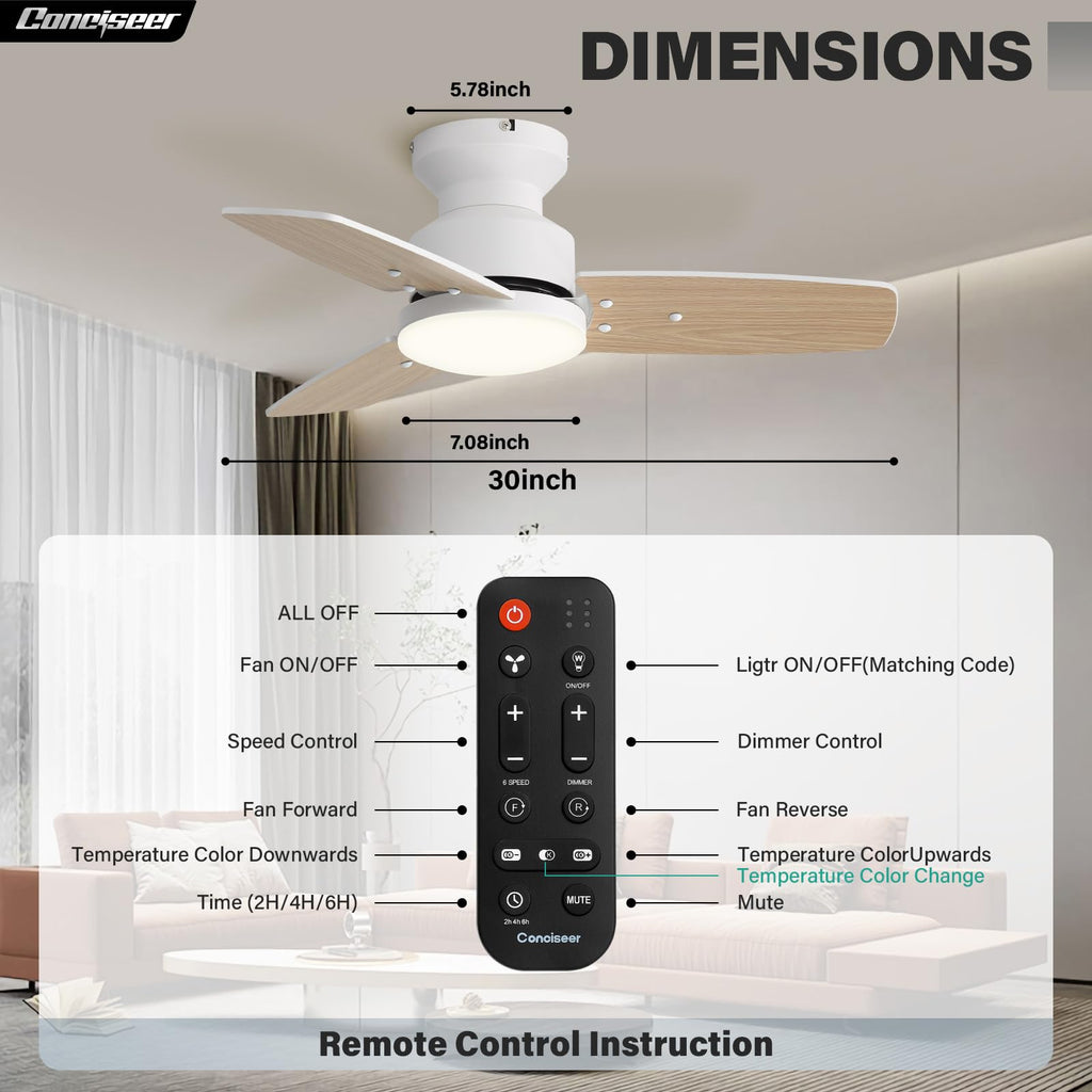 Conciseer 30 Inch Ceiling Fans with Lights and Remote, Bedroom Living Room Office, Flush Mount, 6CCT Dimmable, Dual Color 3 Blades, 6 Speed Reversible Quiet DC Motor, White/Wood Grain, 2 Pack