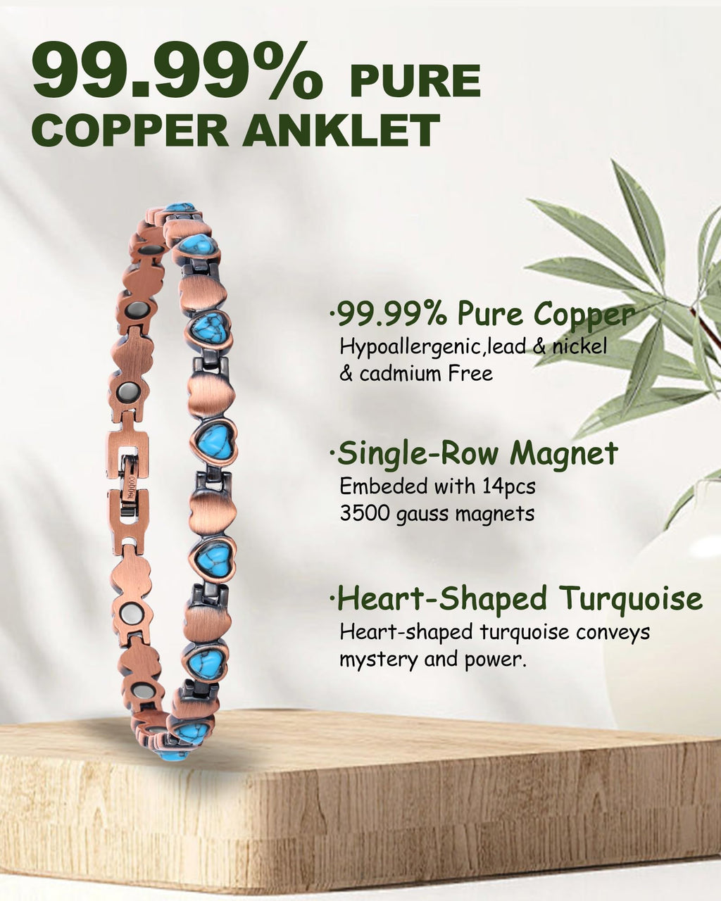 MagEnergy Copper Ankle Bracelet for Women-Lymphatic Drainage Ring-Turquoise