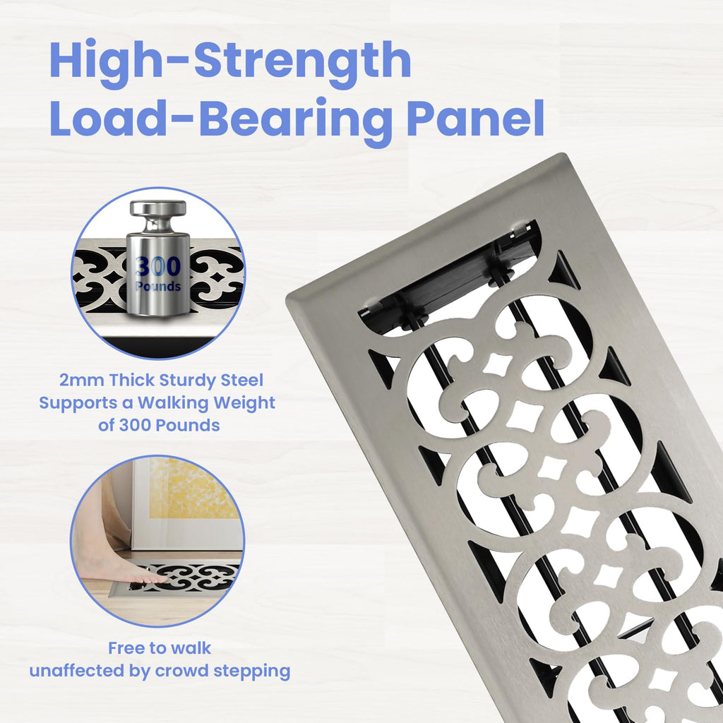 Howeall 4x14 Inches Heavy Duty Walkable Floor Register Easy Adjust Air Supply Lever Floor Vents - Charlotte Design - Vent Cover for Home Floor - Satin Nickel