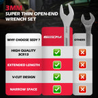 19-Piece Super Thin Open-End Wrench Set, SAE 1/4"-1-1/16" & Metric 5.5–27 mm, 3 mm Thickness Slim Wrench Set for Tight Spaces, Nickel Plated Flat Wrenches with Red & Blue Rolling Storage Pouches