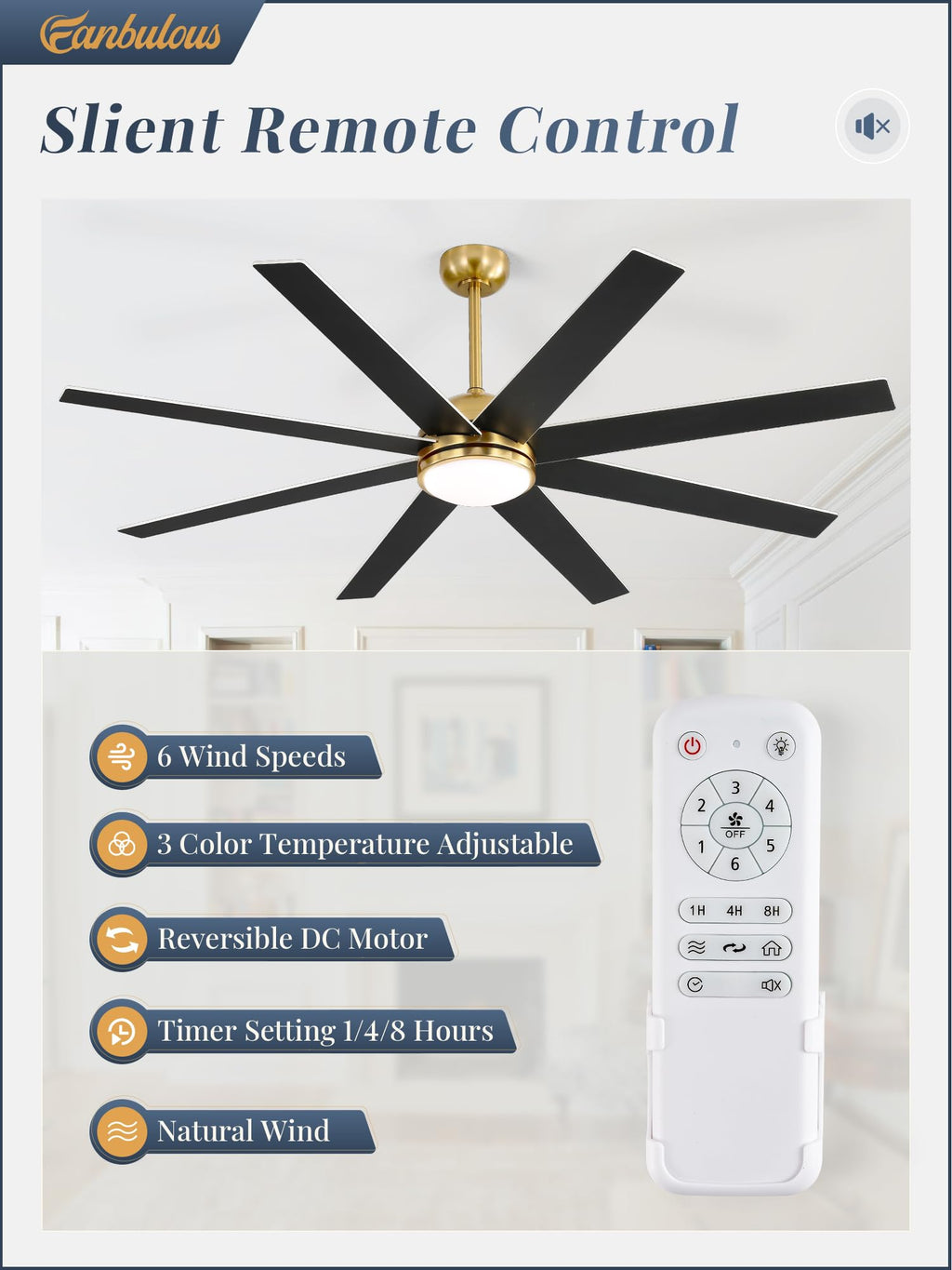 Fanbulous 65 Inch Ceiling Fans with Lights and Remote, Gold Indoor/Outdoor Ceiling Fan with Quiet Reversible DC Motor, 6 Speeds, 3CCT, 8 Blades Large Ceiling Fan for Living Room Bedroom Patio