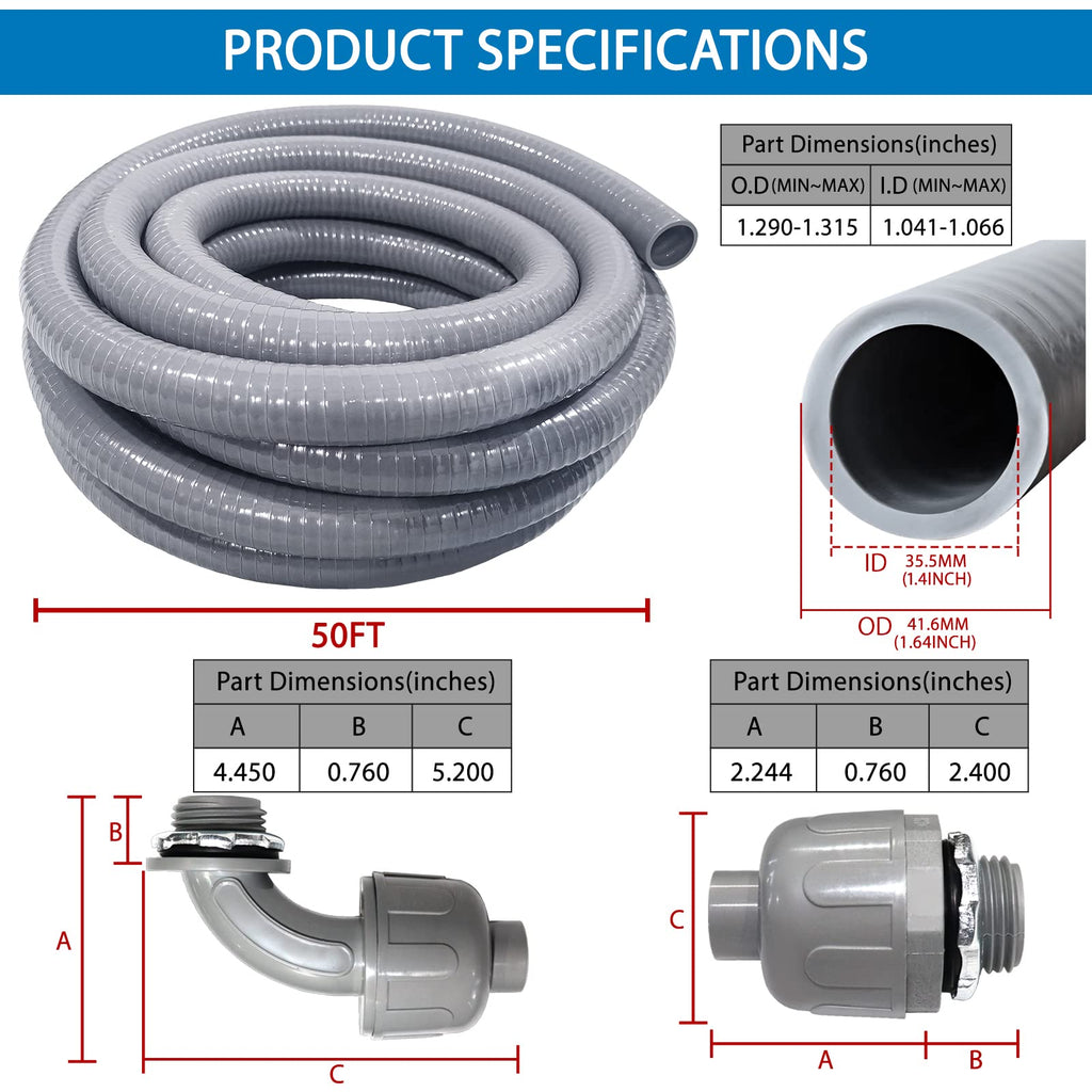 1-1/4inch 50FT Electrical Conduit Kit,Liquid-Tight Conduit and Connector Kit with 4 Straight and 2 Angle Fittings Included,Flexible Non Metallic Liquid - Tight Conduit(1-1/4" Dia,50 Feet)
