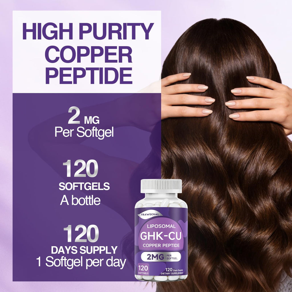 Trawecual GHK-Cu Peptide Hair Softgels – 2mg GHK-Cu with Liposomal Delivery – Beauty Support for Skin, Hair & Collagen – Easy-to-Swallow Plant-Based Softgels