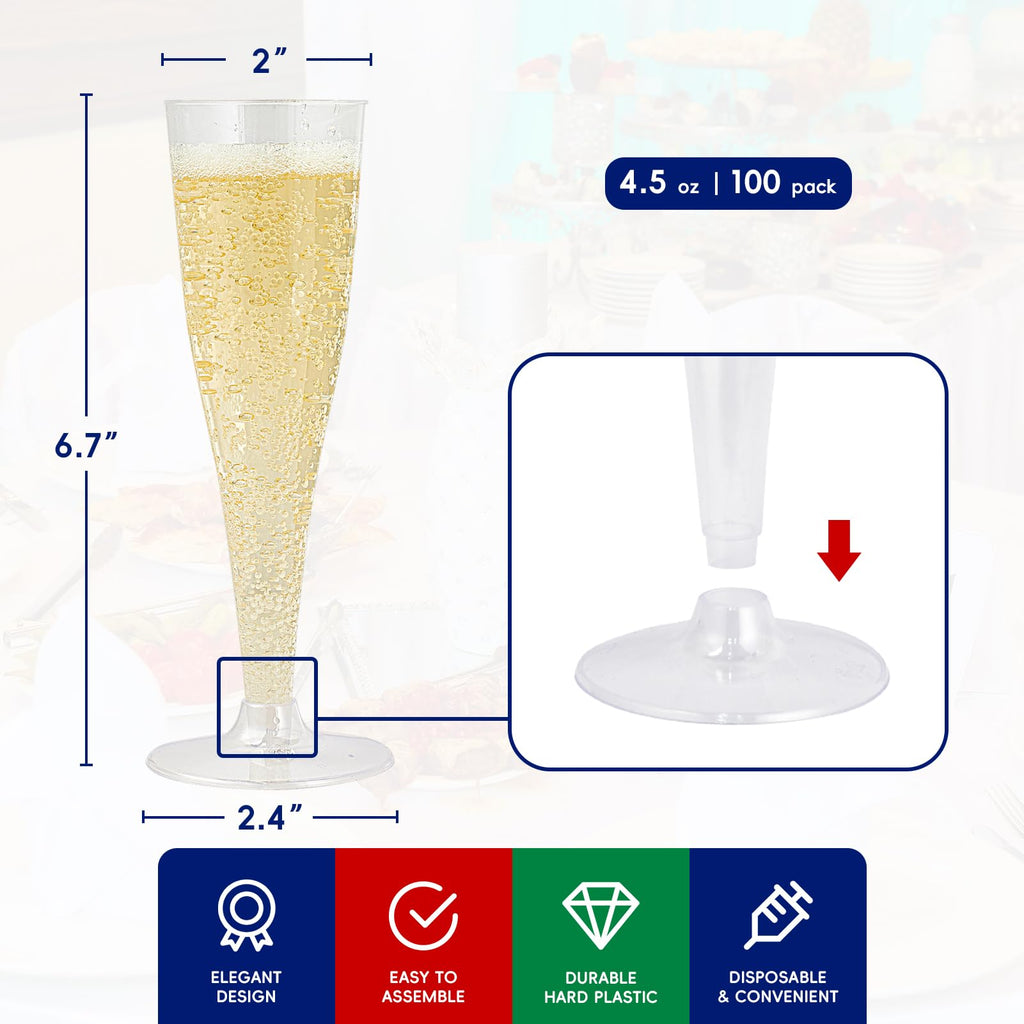 JOLLY CHEF 4.5 oz Plastic Champagne Flutes Disposable Clear 100 Pack