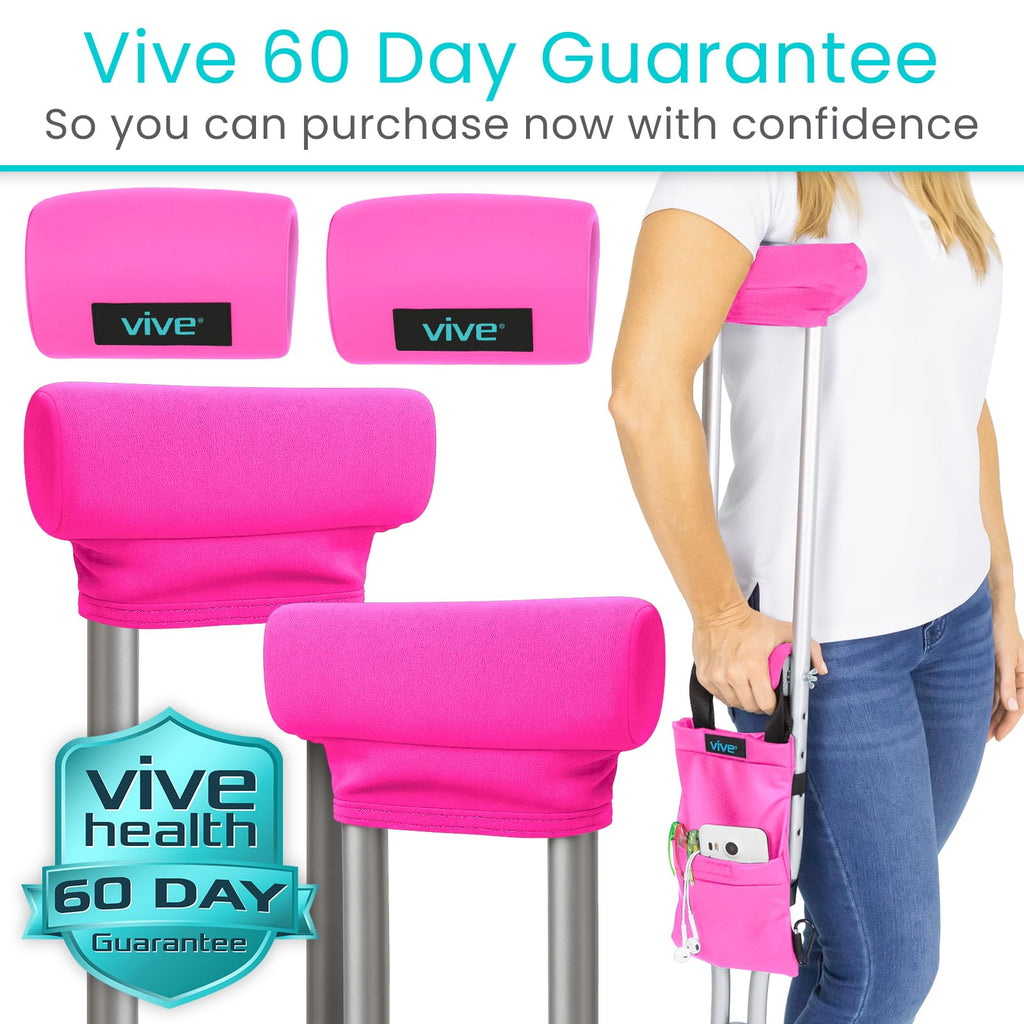 Vive Premium Crutch Pads, Bag, & Hand Grips (5 PCS) - Crutches for Adults Armpit Padding, Hand Grips, Accessories Pouch - Soft Tips Medical Padded Handles for Kids, Men, Women - Lightweight (Pink)