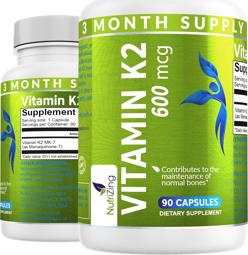 NutriZing K2 Vitamin Supplement MK-7 - High Strength 600mcg - Supports Bone & Arterial Health - 90 Vegan Capsules - Vitamin K2 for Men & Women - 3 Month Supply