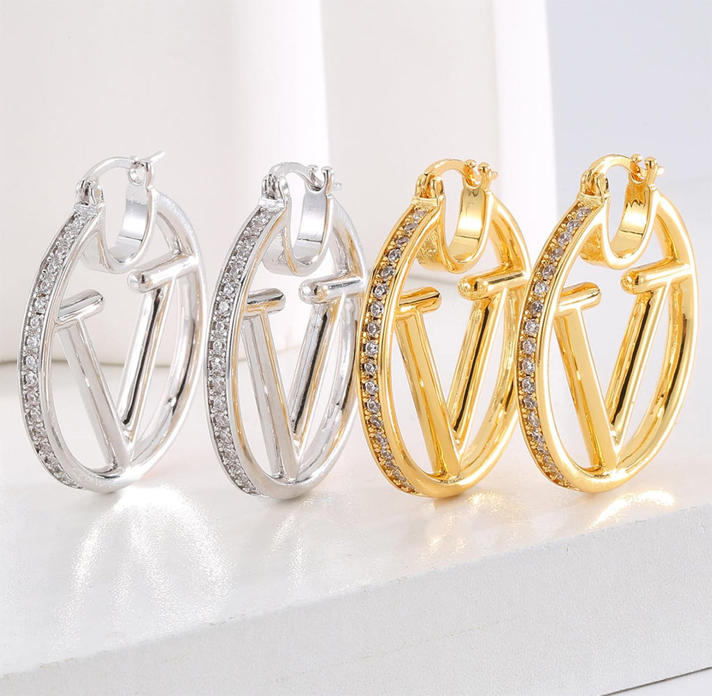18K Gold Luxury Letter Earrings for Women and Sisters | Valentines, Birthday Gifts, Elegant Accessories for Any Occasion (V Letter Earrings 2 Pair)