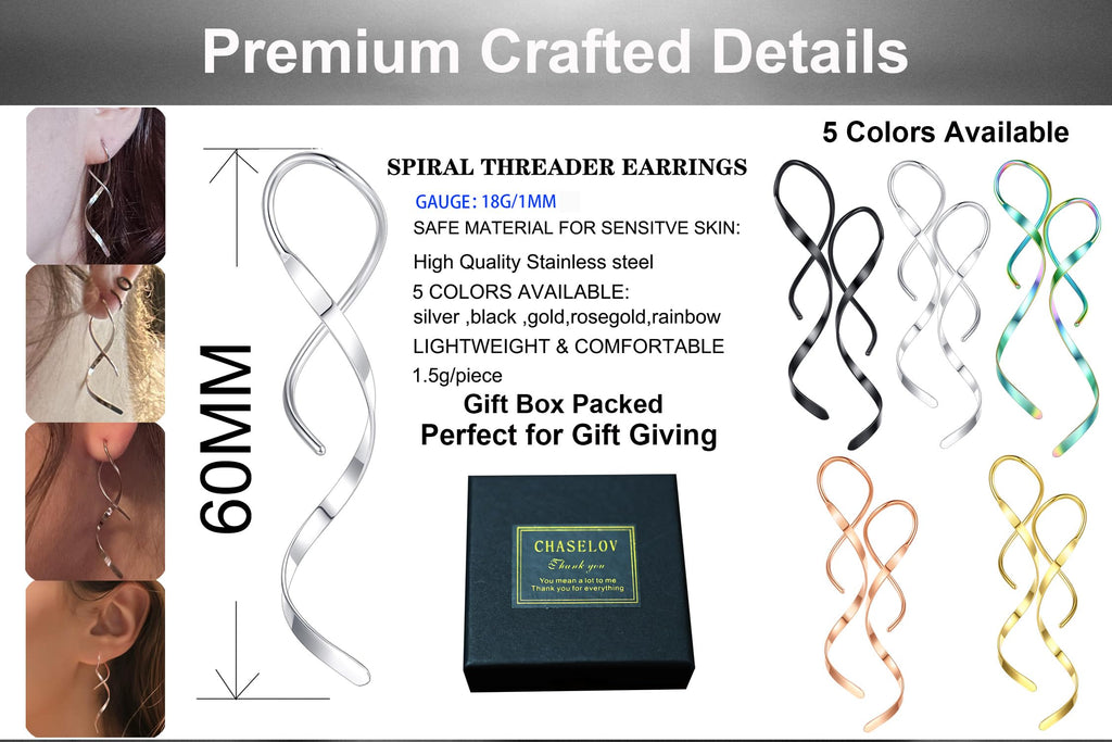 Spiral Threader Earrings, 18G Stainless Steel Drop Dangle Handmade Twisted Linear Curved Dangling Minimal Earrings (SILVER&BLACK&GOLD&RAINBOW&ROSEGOLD)