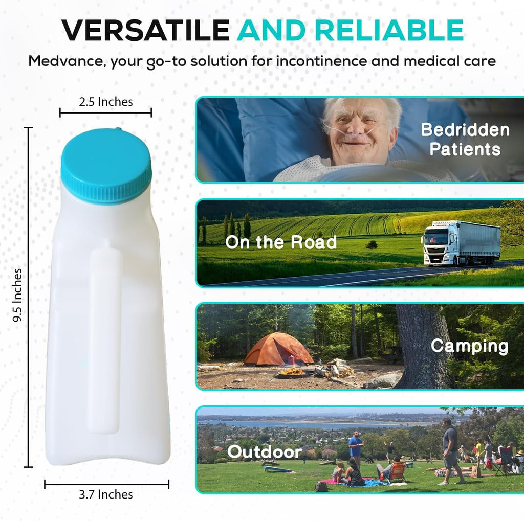 MedVance- Urinals for Men 1000ml with Glow in The Dark Spill Proof Pop Cap Lid, Plastic Pee Bottles for Men, Male Urinals, Pee Container Men, Portable Urinal for Car, Elderly & Incontinence (2 Pack)